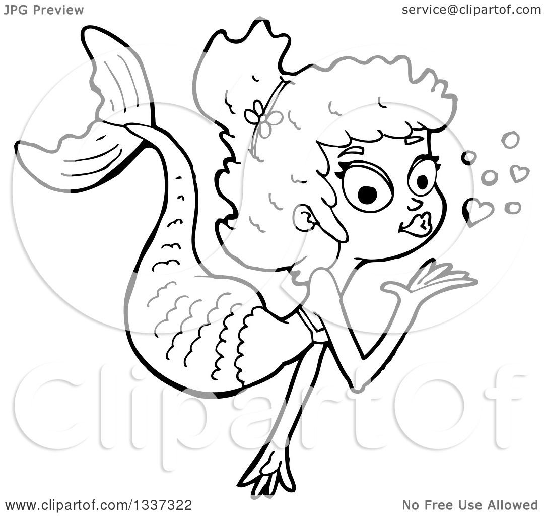 Lineart Clipart of a Cartoon Black and White Mermaid Blowing a.