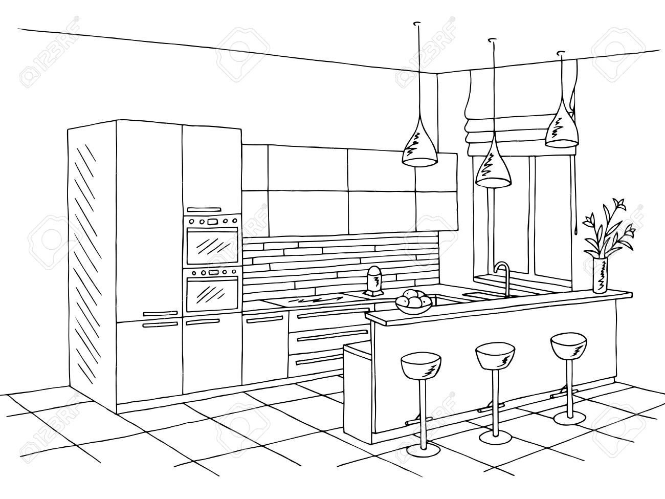 Kitchen room interior black white graphic art sketch illustration.