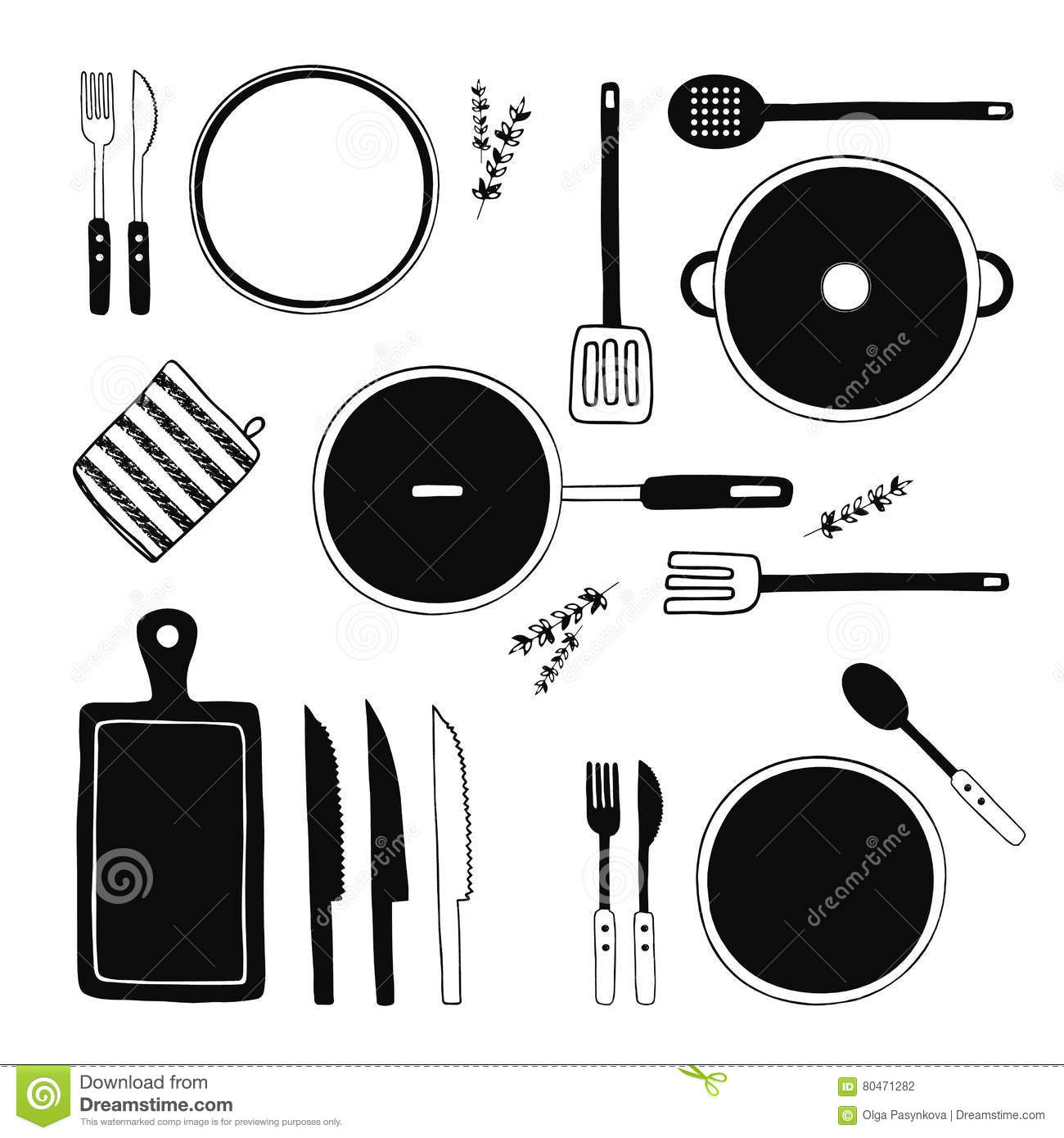 Hand Drawn Kitchen Utensils Set. Kitchen Tools Collection. Cooking.