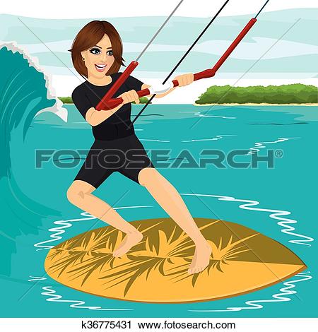 Clipart of Female kiteboarder enjoys surfing waves with kiteboard.