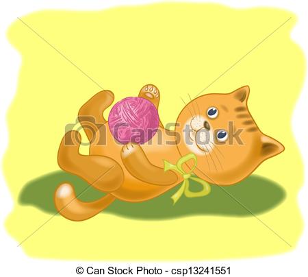 Clipart Vector of Cartoon cat with a ball of wool yarn.