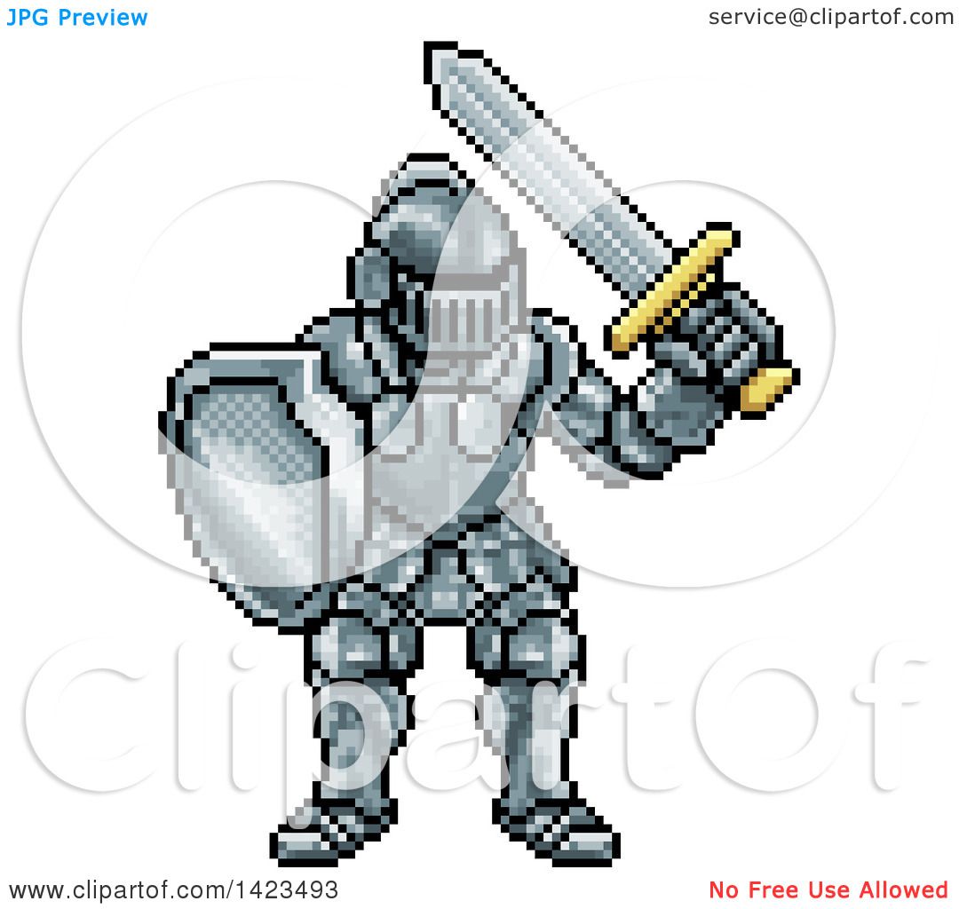 Clipart of a Retro 8 Bit Pixel Art Video Game Styled Knight.