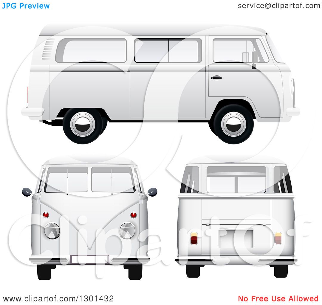 Clipart of 3d White VW Kombi Vans at Different Views on White.