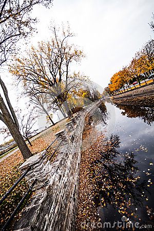 Autumn Montreal Lachine Canal Landscape Stock Photo.