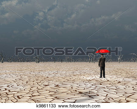 Drawing of Man with red umbrella in dry land under gathering storm.