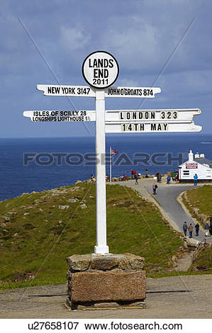 Picture of England, Cornwall, Lands End. Lands End milepost with.