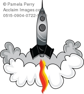 Clipart Illustration of a Cartoon Rocket Blasting Off.
