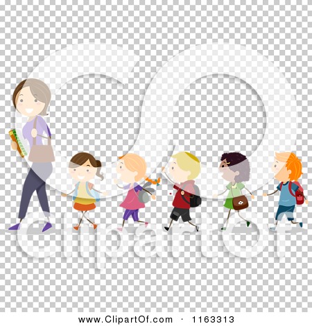 Cartoon of a Female Teacher Leading a Line of Diverse Children.