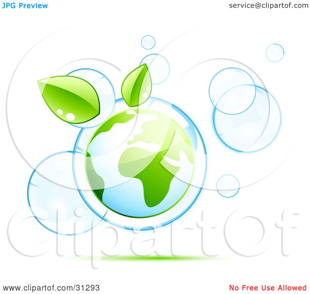 Clipart Illustration of Planet Earth And Two Green Leaves Floating.