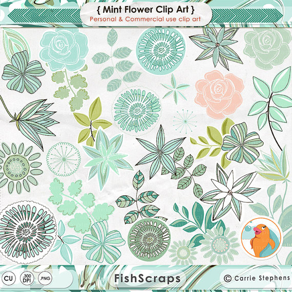 Mint Green Flower Clip Art, Aqua, Teal & Peach, Modern Floral Rose.