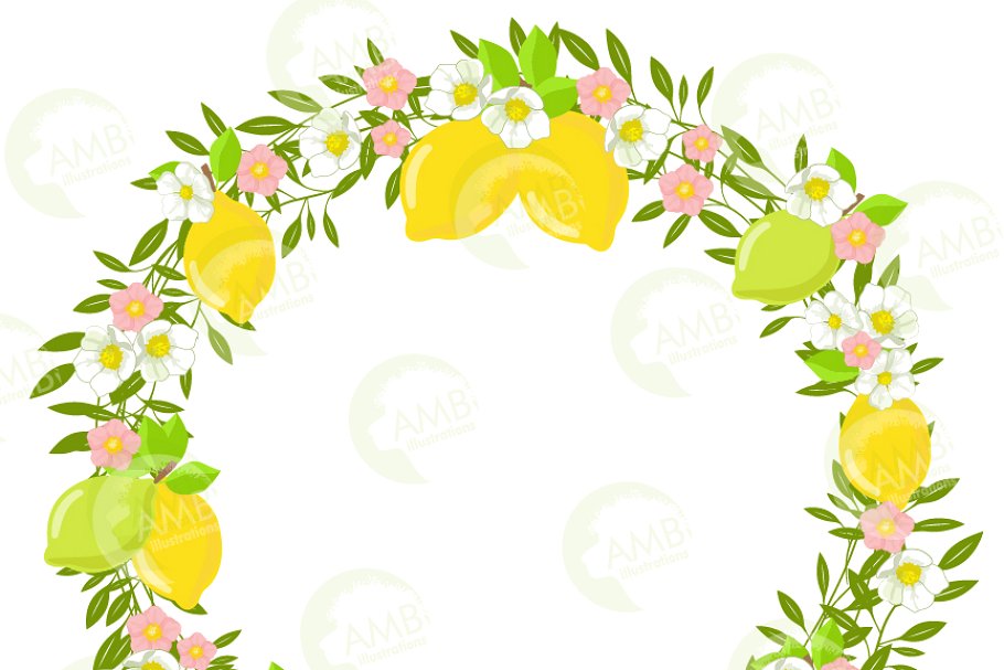 Lemons and Flowers Wreath, 1329 ~ Illustrations ~ Creative.