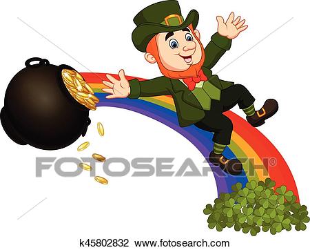 Cartoon leprechaun sliding down the rainbow Clipart.