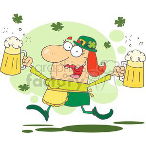 Happy Woman Leprechaun With Two Pints of Beer Skipping clipart.  Royalty.