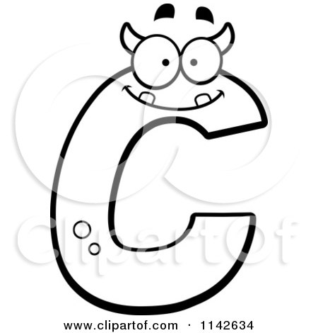 Cartoon Clipart Of A Black And White Alien Letter C.
