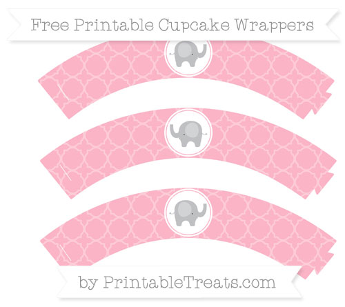 Free Pastel Light Pink Quatrefoil Pattern Baby Elephant Cupcake.