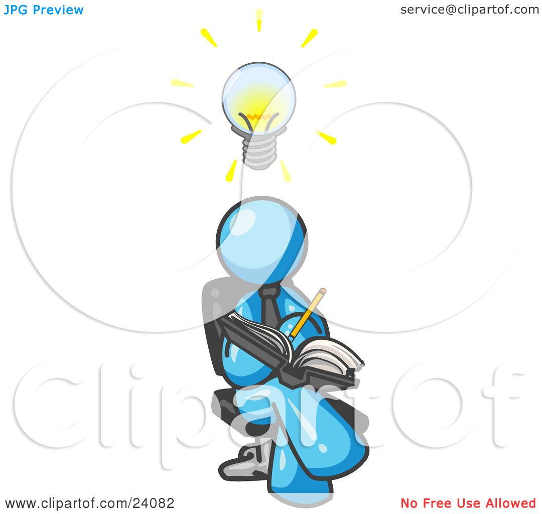 Clipart Illustration of a Smart Light Blue Man Seated With His.