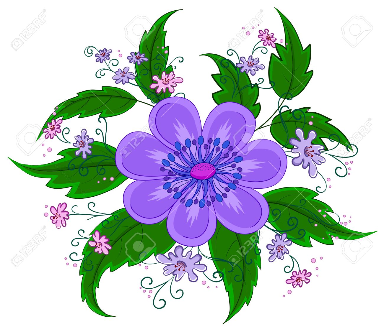 Abstract Vector Symbolical Lilac Flower With Green Leaves On.
