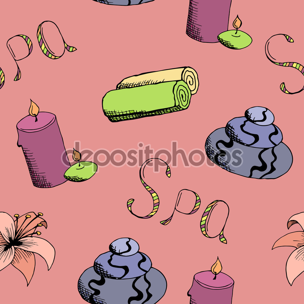 Spa stone candle towel lily graphic art color seamless pattern.