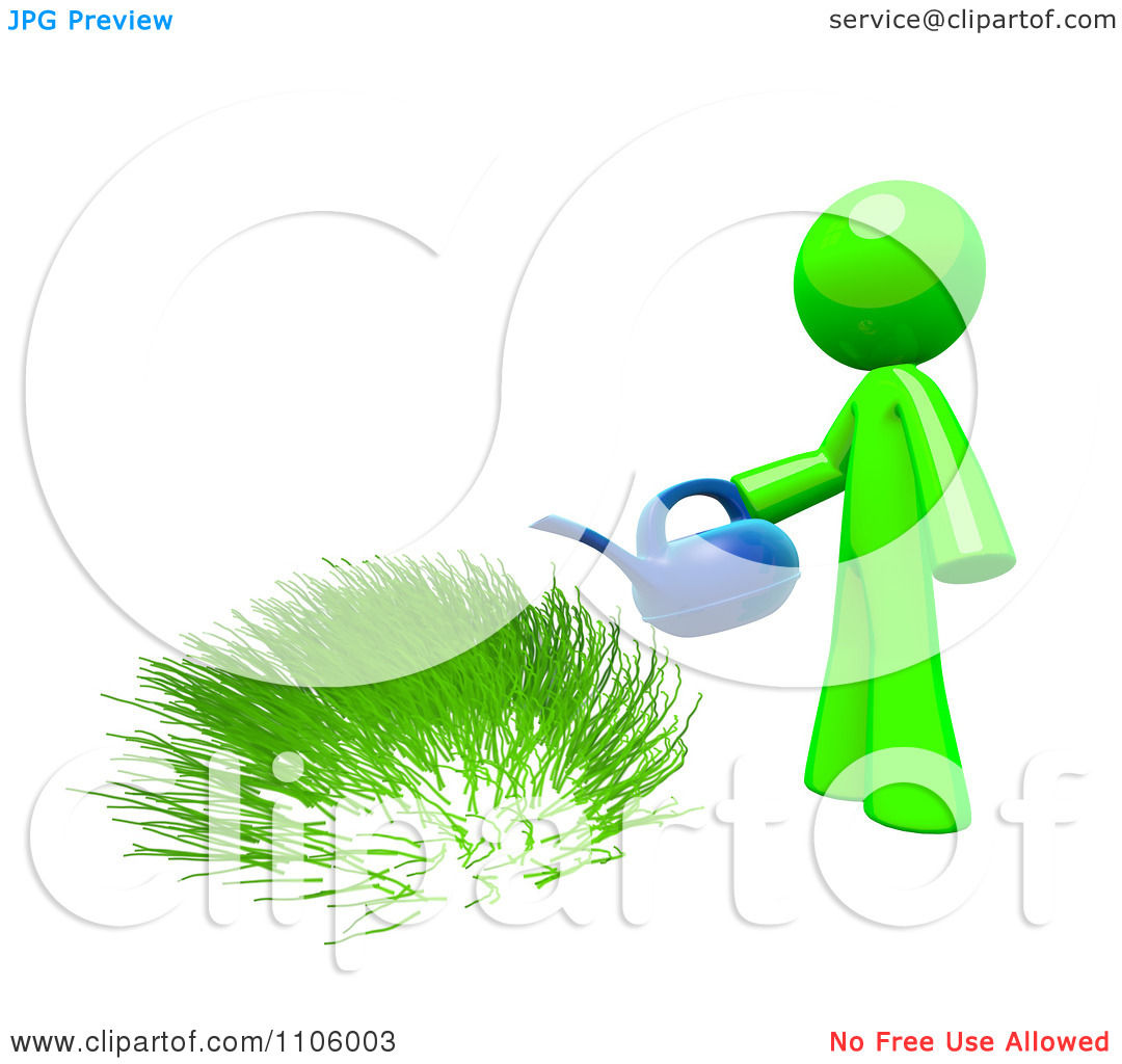 Clipart 3d Lime Green Man Watering Grass.