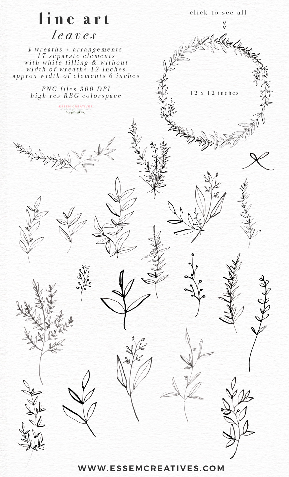 Line Art Leaves Clipart, Botanical Print Illustration.