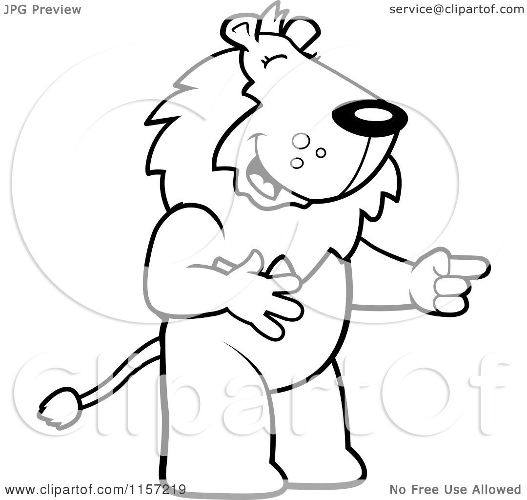 Cartoon Clipart Of A Black And White Lion Laughing and Pointing.