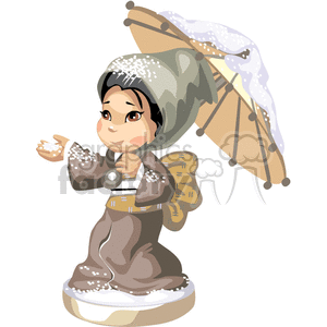 Little Asian girl in a brown kimono holding an umbrella clipart.  Royalty.