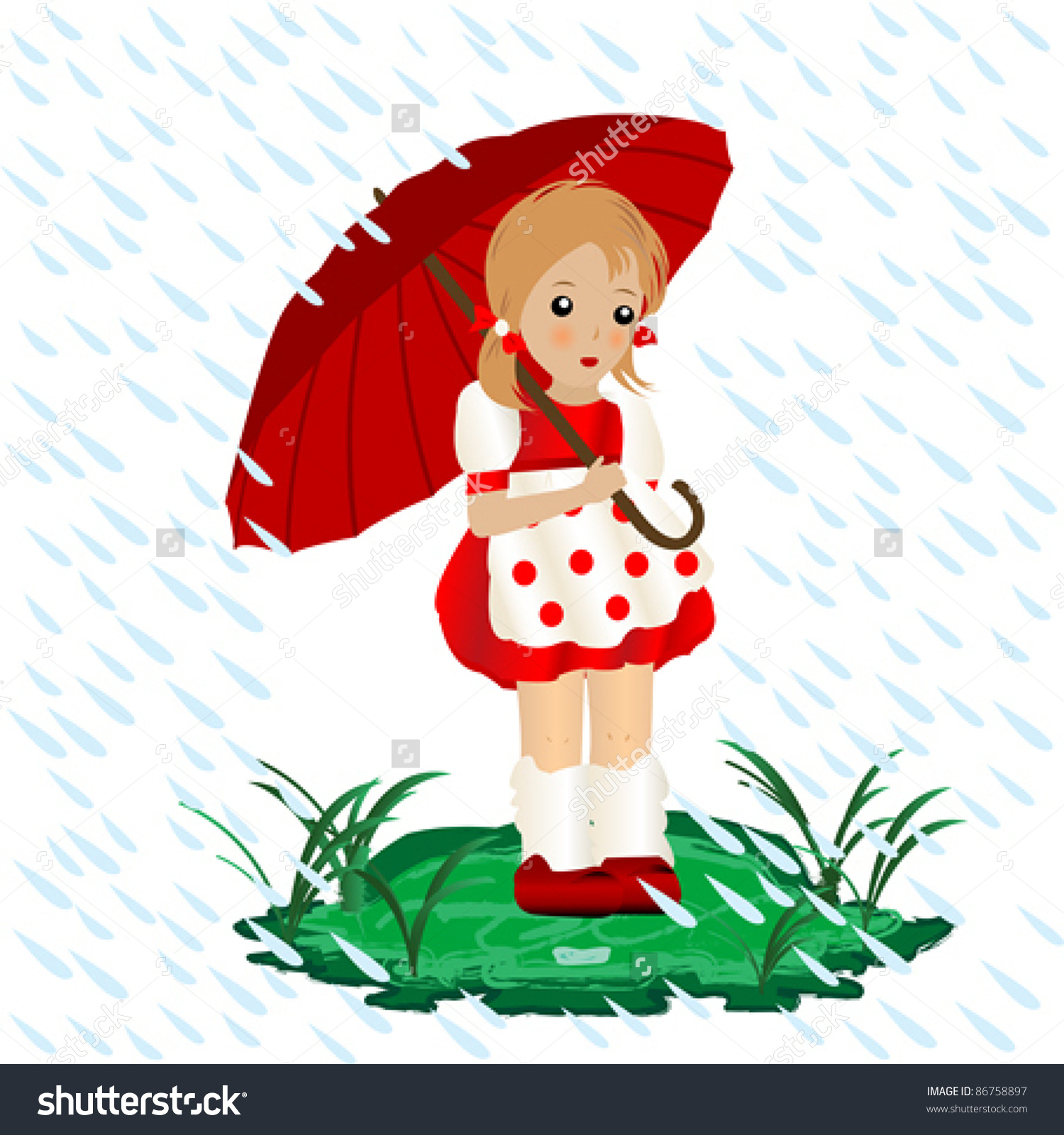 A Little Girl In The Rain With An Umbrella Illustration.