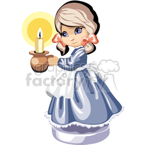 Little girl with pigtails in a blue dress with an apron holding a candle  clipart. Royalty.