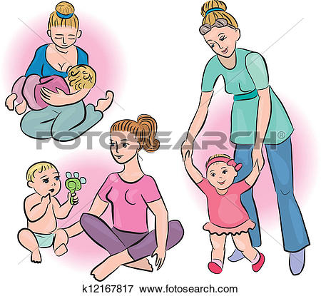 Clip Art of Mothers and babies in their daily lives k12167817.