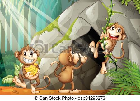 Vectors Illustration of Three monkeys living in the cave.