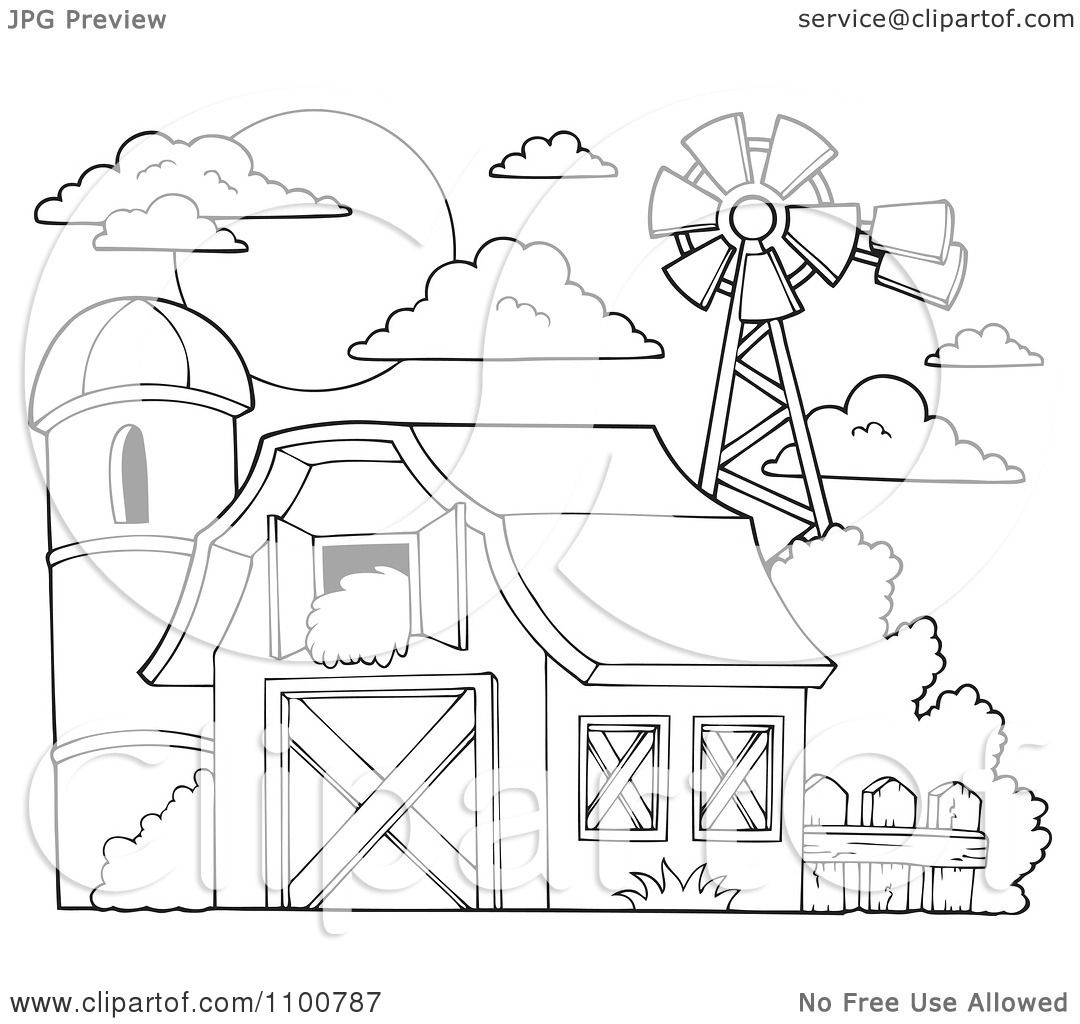 Clipart Outlined Barn With Hay In The Loft A Silo And Windmill.
