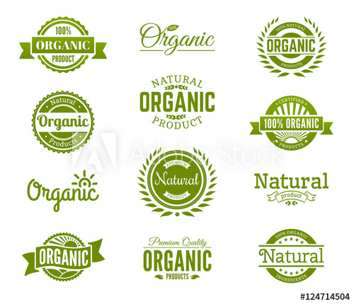 100% organic logo. Collection of healthy organic food labels.