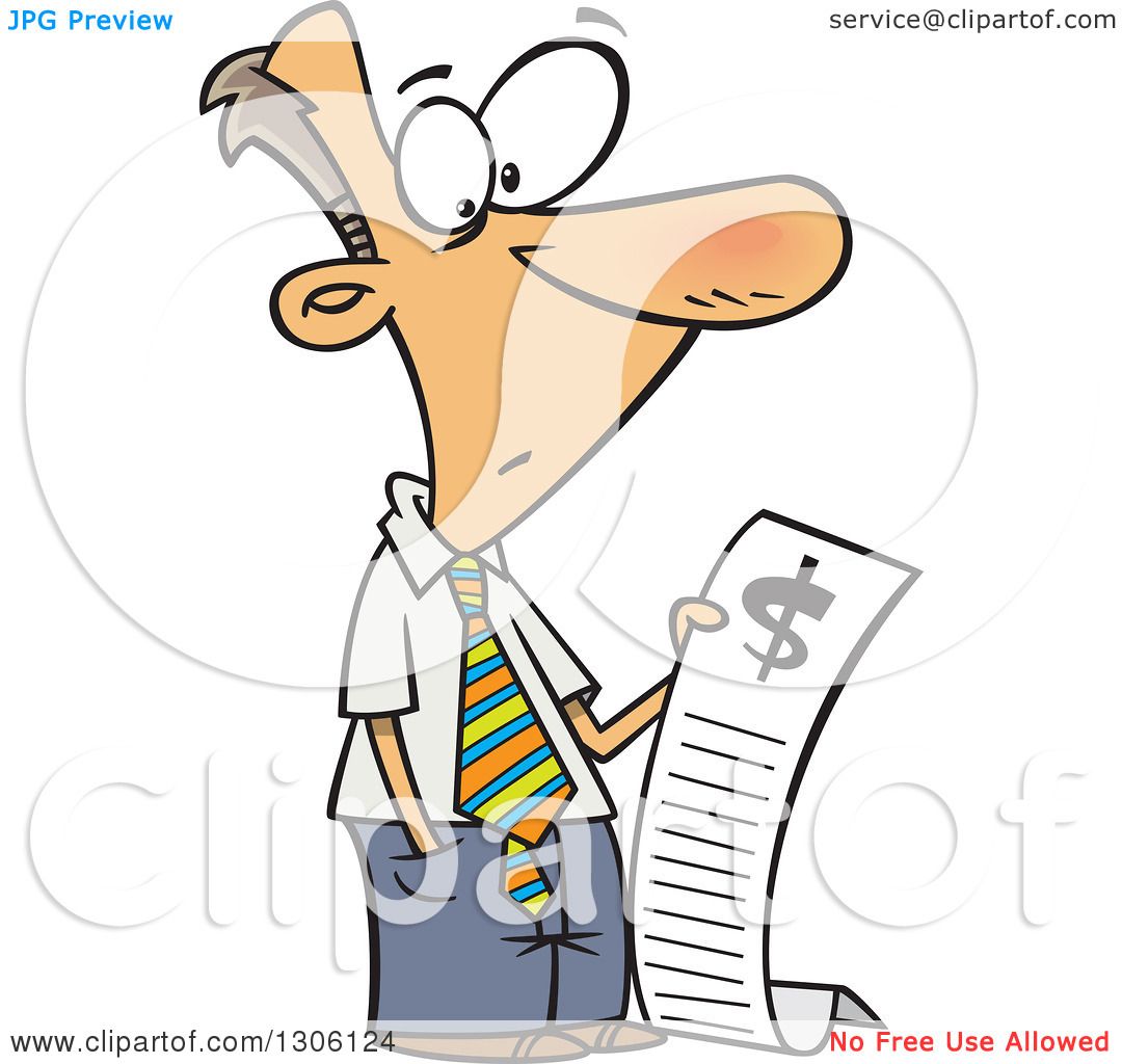 Clipart of a Cartoon Shocked White Businessman Reading a Long Bill.