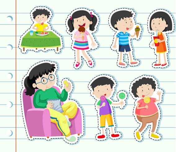 Sticker design with many kids eating sweets.