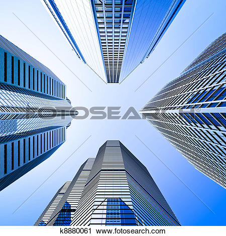 Clipart of blue highrise glass skyscraper intersection low angle.