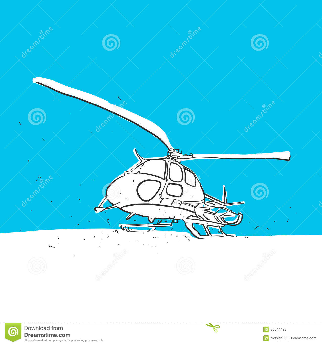 Helicopter Sketch, Low Perspective, Blue Series Stock Vector.