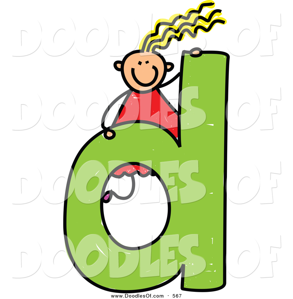 Vector Clipart of a Doodled Happy Blond White Girl on a Lowercase.