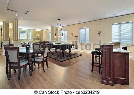 Stock Photographs of Lower level with bar and stools.