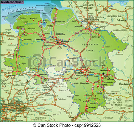 Vector Illustration of Map of Lower Saxony with highways.