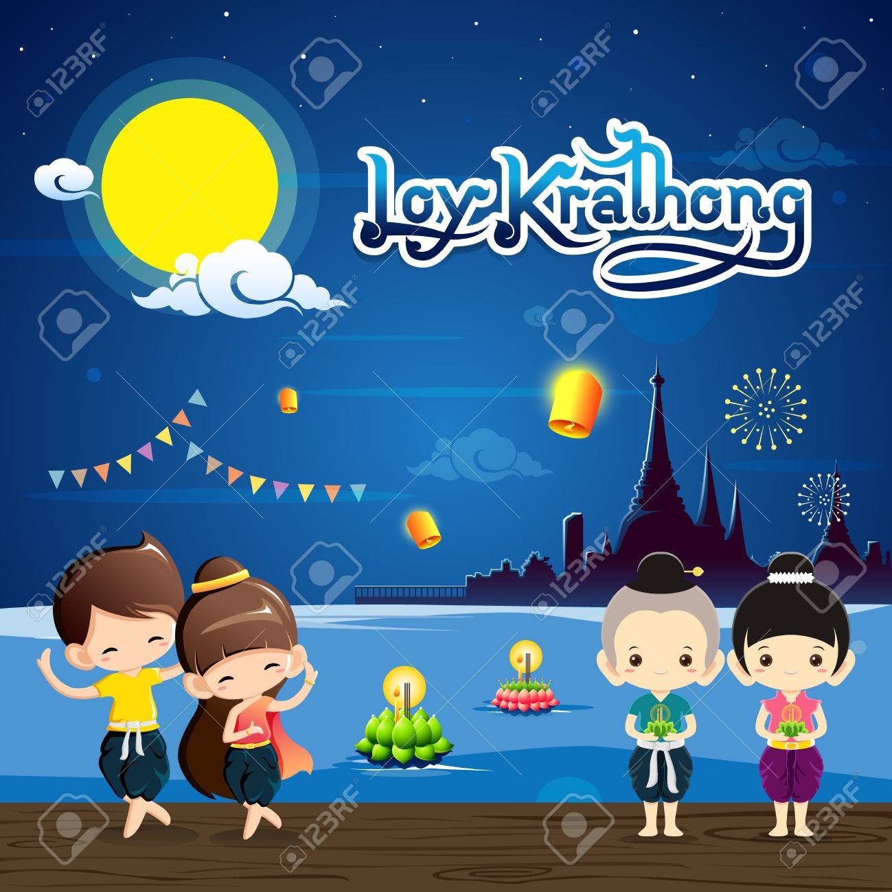 Loy Krathong Festival with cute boy&girl in national costume.Celebration...