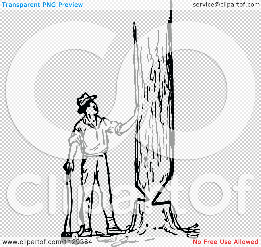 Clipart Of A Retro Vintage Black And White Lumberjack Man Cutting.