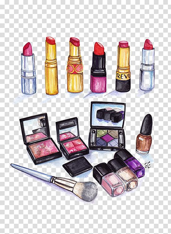 Makeup set illustration, MAC Cosmetics Drawing Lip gloss.