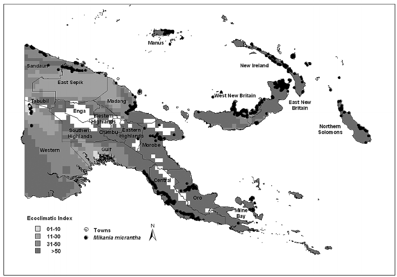 Map indicating where M. micrantha is present in PNG (dots.