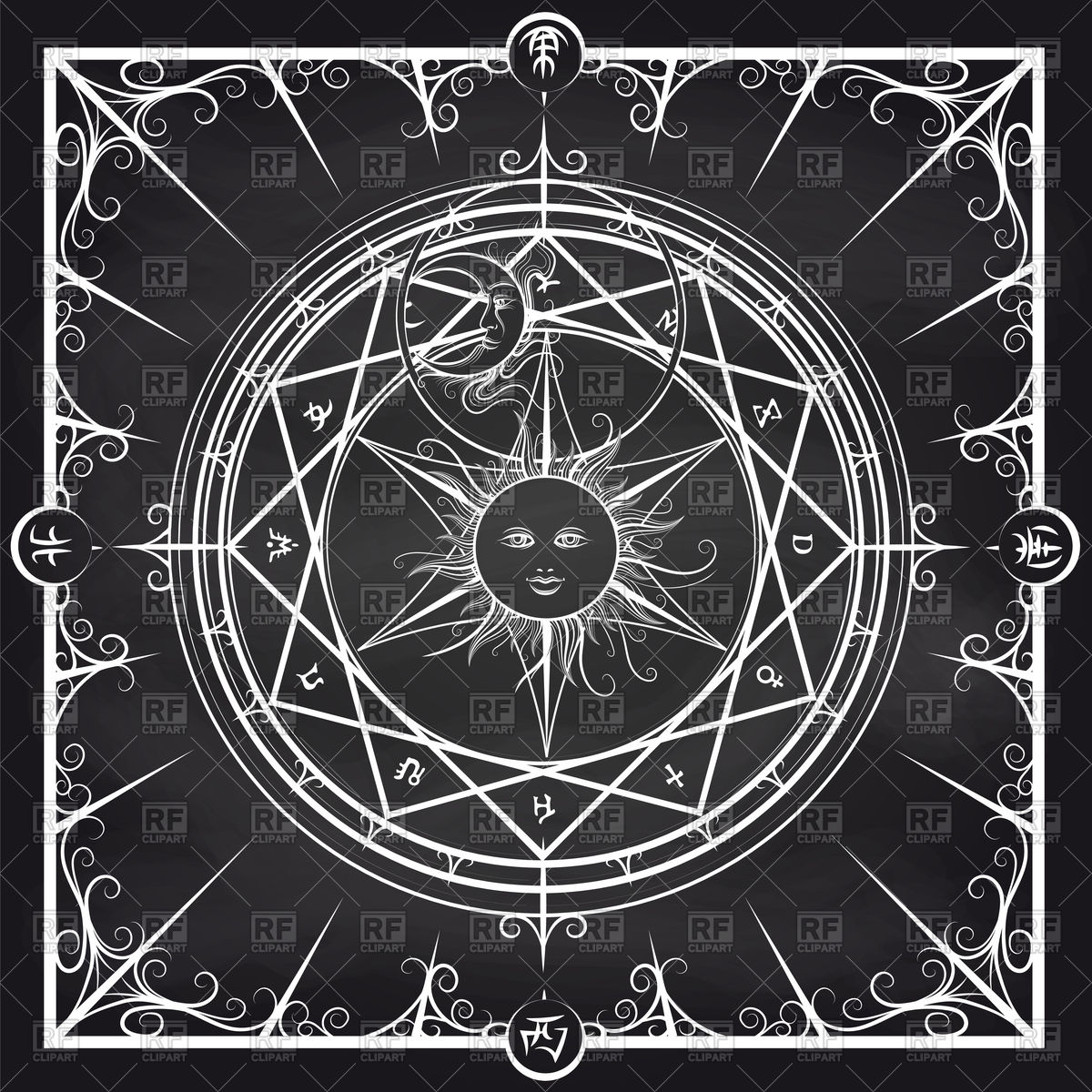 White magic circle with sun and moon on chalkboard Vector Image.