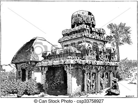 Vector Illustration of Mahabalipuram in Tamil Nadu, India, vintage.