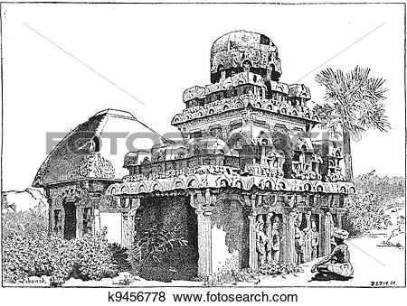 Clip Art of Mahabalipuram in Tamil Nadu, India, vintage engraving.