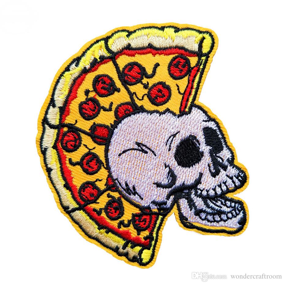 Pizza Skull Embroidery Patches American Hippie Fabric Sew Iron On Applique  DIY Badge Patch For Kids Clothes Jacket Bag Garment.