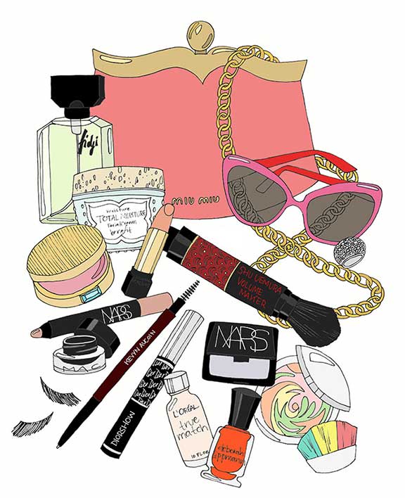 Whats in Megan Drapers Makeup Bag? Illustration by Kristina.