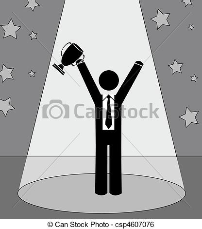 Stock Illustration of business man holding up trophy.