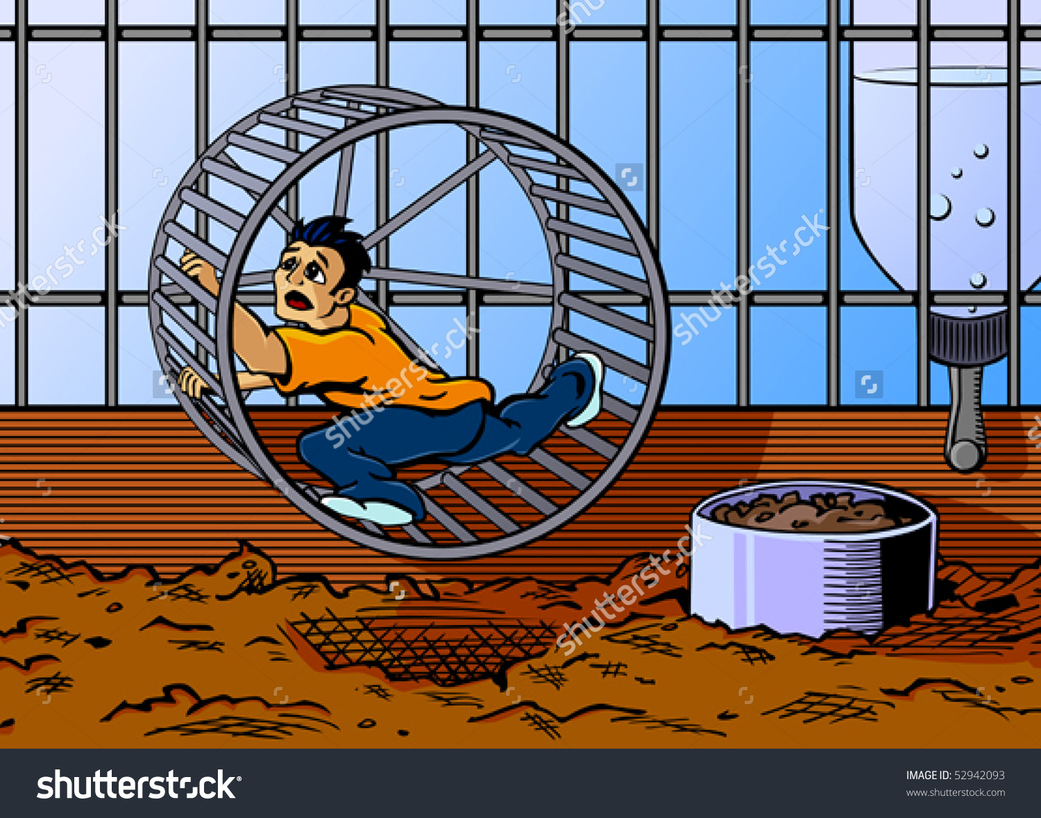 Cartoon Man Running Hamster Wheel Stock Vector 52942093.